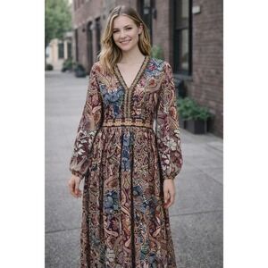 Dex Womens Paisley Maxi Dress Burgundy Navy Beaded V-Neck Side Zip Size SP NWT